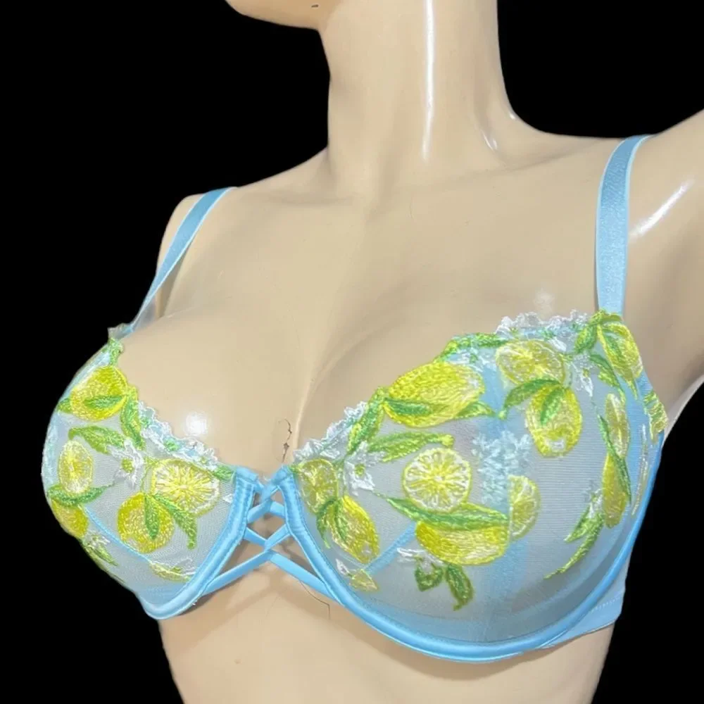 Victoria’s Secret Push Up without the padding lemon embroidered mesh blue 36DDD